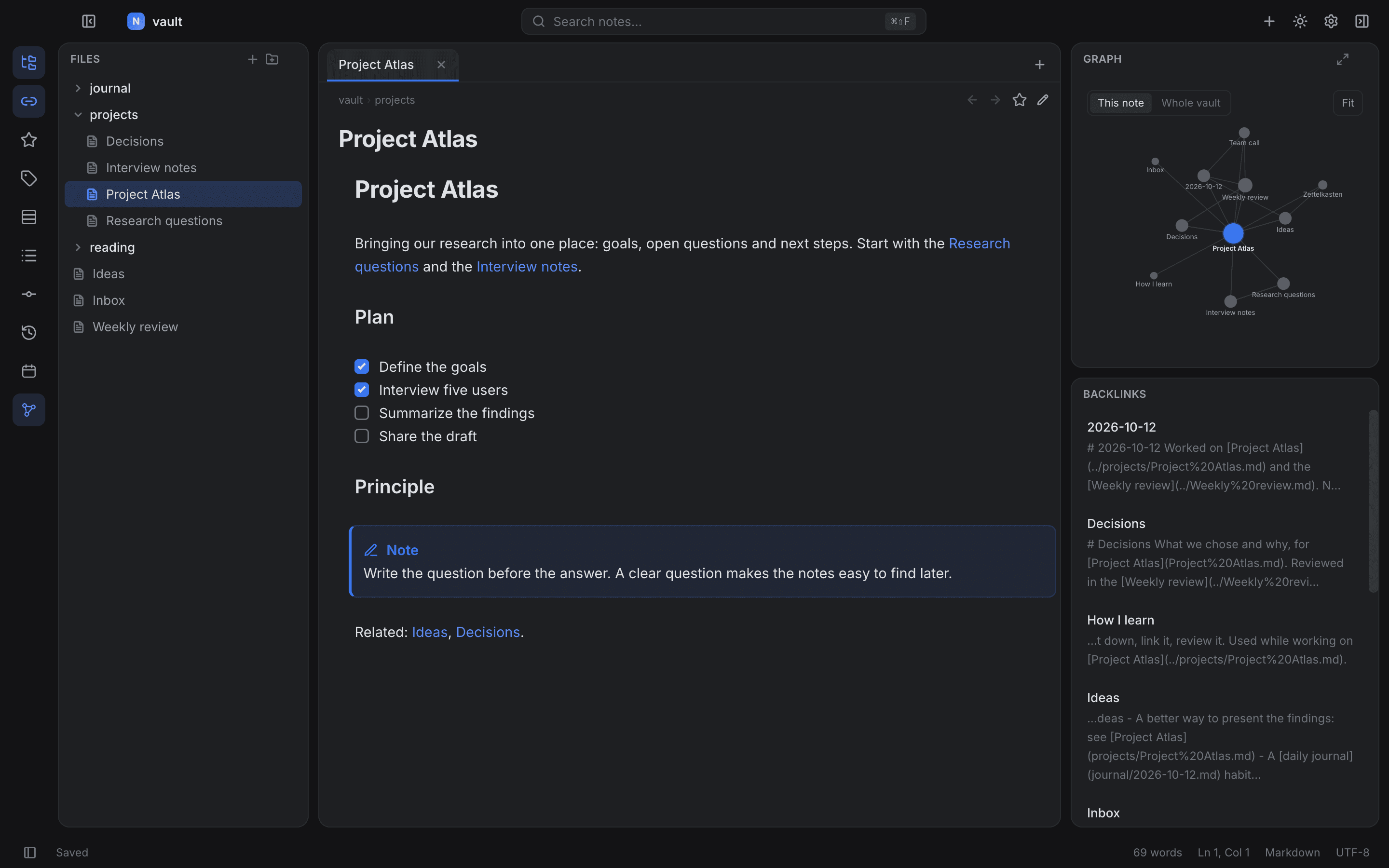 Munin showing a note with its link graph and backlinks
